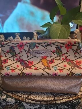 VERONA Bird Print Cosmetic Pouch in Metallic Bronze